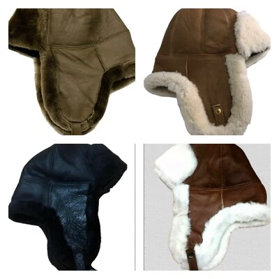 Real Sheepskin Hat Shearing Leather Bomber Trapper Hunting Wool Lining Very Warm - Image 1 of 4