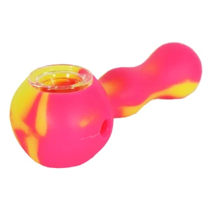 Smooth Silicone Smoking Pipe with Glass bowl ~Pink n Yellow ~ 4 inch. - Picture 1 of 1