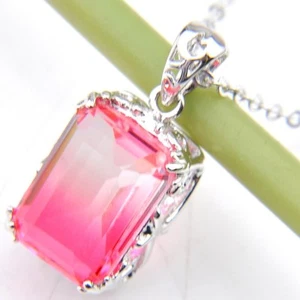 Klassische quadratische rosa zweifarbige Turmalin Silberkette Anhänger Halsketten für Damen - Bild 1 von 6