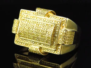 Sterling Silver Canary Latch Genuine Diamond Pinky Ring Yellow Gold Finish .75Ct - Picture 1 of 8