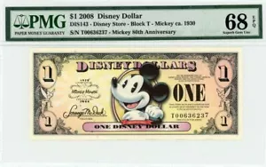 2008 $1 Disney Dollar Mickey ca. 1930 PMG 68 EPQ TOP POP (DIS143) - Picture 1 of 2