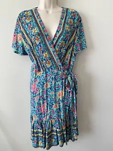 Zesica Vestito Avvolgente Donna XL Floreale Multicolore Lunghezza Ginocchio Scollo a V Blu Rayon - Foto 1 di 8