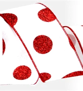 Red Glitter Large Polka Dots 2.5" by 5 yd on White Wired Ribbon Christmas - Picture 1 of 8