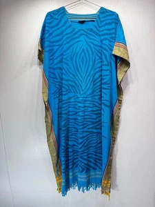 Vintage Boho blau Zebra gestreift Kaftan Kleid Fransen Hippie Sari Bohemian Indianer - Bild 1 von 9