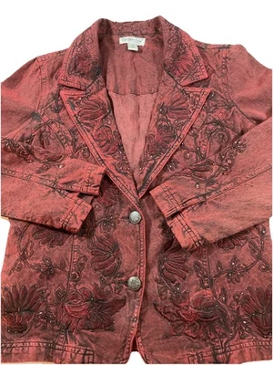 Coldwater Creek Red Rust Acid Wash Embroidered Beaded Blazer Jacket Sz 8 L4 - Image 1 of 4