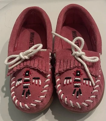 MINNETONKA МОКАСИНЫ 2605 розовый кожаный THUNDERBIRD бисером плоский ботинок девочка 9 замши - Изображение 1 из 4