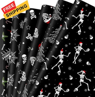 Watersay 12 Pcs Gothic Christmas Wrapping Paper Skeleton Skull Black  - Image 1 of 4
