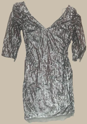 Cassandra Stone Dress Sequins Bare Back Silver, Size 6 - Image 1 of 4