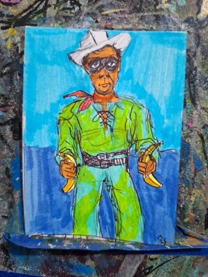 Dos Bananas Vaquero Sosteniendo Plátanos ACEO ATC ROBLE ORIGINAL 3,5 x 2,5 pulgadas Foto 1 de 3