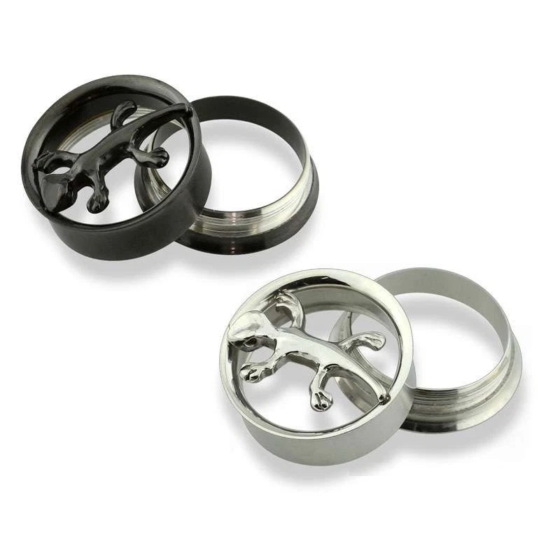 Plug Tunnel Piercing 316L Acciaio Inox 3D Geco Lucertola Nero Argento - Immagine 1 di 1