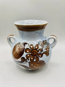 VTG Mexican Folk Art Pottery Vase Double Handled Blue Brown Birds Flowers 5.75” - Picture 1 of 11