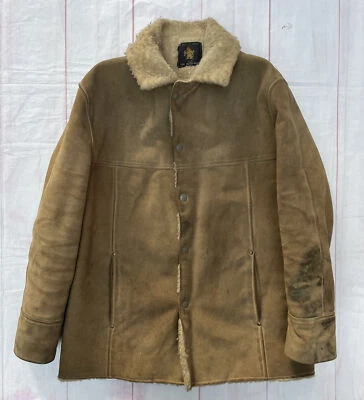 Chaqueta de Trabajo Bombardero Sherpa Cuero Gamuza Marrón Oso Dorado Años 70 De Colección Foto 1 de 4