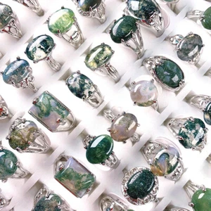 Wholesale Jewelry 50Pcs Natural Stone Moss Agate Gemstone Silver Plated Rings - Picture 1 of 5