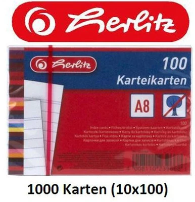 HERLITZ 1000 Karteikarten DIN A8 weiß, beidseitig liniert, Karteikarte für Karteikästen