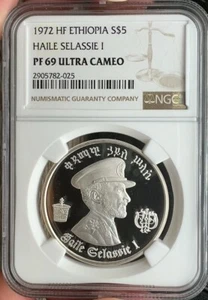 1972 Ethiopia 5 Dollars Silver Proof NGC PF69 Ultra Cameo Haile Selassie & Lion - Picture 1 of 3