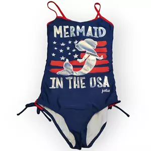 JUSTICE Navy Blue Red Mermaid In the USA Silver Metallic Patriotic Swim Girls 18 - Picture 1 of 8