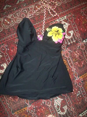 Tankini vintage Y2K Hobie para mujer mediano negro amarillo brillante hibisco halter top Foto 1 de 4