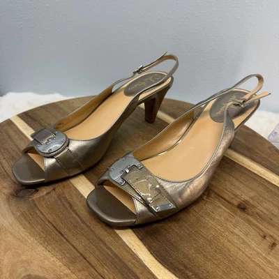 Cole Haan Eliana Slingback Peep носок каблуки металлический бронзовый кожаный пряжка 10AA - Изображение 1 из 4