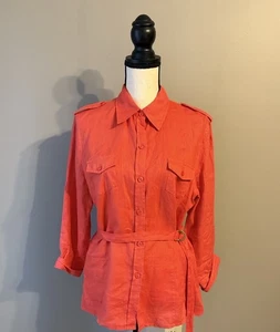 Chaus Organic Belted Orange/Red Shirt.  100% Linen. Siz Medium  - Picture 1 of 12