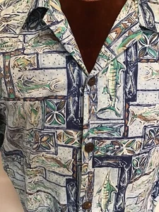 Hawaiian Flavor Fish Reverse Print Men's Shirt Wood Button Match Pocket USA XL - Picture 1 of 7