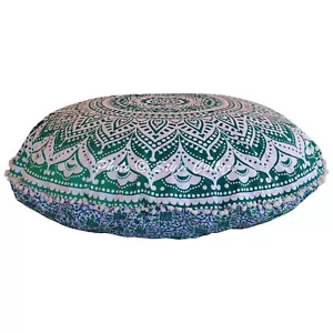 Green Mandala Floor Cushion Ombre Floor Pillow Ottoman Round Hippie Poufs 32 in - Picture 1 of 5