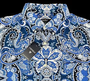 Camicia Uomo CREMIEUX Blu Bianco Paisley Lino Manica Corta Grande L Nuova Con Etichetta Nuova NiCe! - Foto 1 di 4