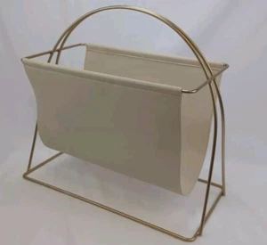 VTG Mid Century Cream Faux Leather Sling and Metal Magazine Rack Record Holder - Picture 1 of 7