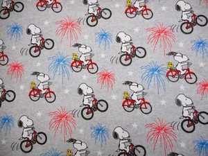 Patriotic Fabric By Half-Yard Snoopy Woodstock Fireworks Peanuts Gray Cotton - Picture 1 of 2