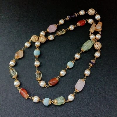 40'' Sea Shell Pearl Aquamarine Amethyst Carnelian Rose Quartz Prehnite Necklace - Image 1 of 4