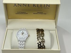 Anne Klein 12/7740WTST Women's White Ceramic Quartz Watch 32mm Bracelet Set NIB