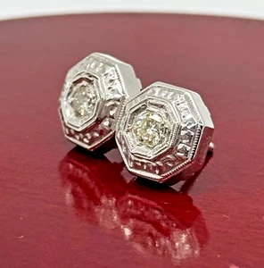 14k Solid White Gold Mens Round Diamond Stud Earrings, Screw Back Posts - Picture 1 of 7
