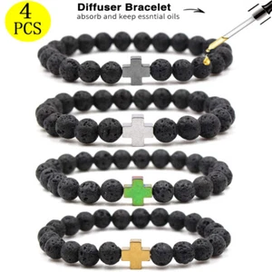 4PCS Cross Beads Bracelet for Men Women 8mm Healing Lava Stone Stretch Bracelets - Picture 1 of 7