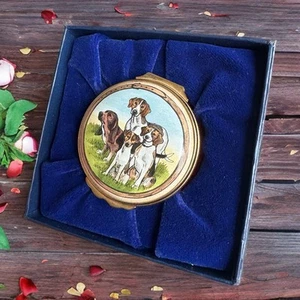 Halcyon Days Hunting Dogs Enamel Trinket Box w/ Case Mint Bilston England - Picture 1 of 14