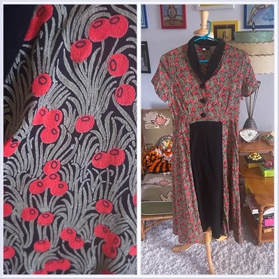 Vestido Retro l Estilo Años 40 L Estampado Cereza | Negro Multi | S M | Diva Dollz Foto 1 de 4