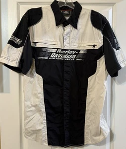 Harley Davidson Mechanic Shop Snap Button Shirt Work Mens Medium Black White - Picture 1 of 6