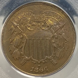 1864 LARGE MOTTO TWO CENT PCGS MS 64 BROWN NO RESERVE - Picture 1 of 7