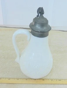 ANTIQUE OPAQUE GLASS SYRUP CREAM MILK PITCHER w/ APPLIED HANDLE PEWTER TOP Godds - Picture 1 of 8