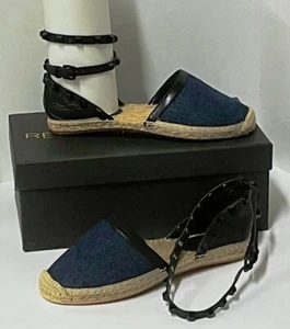 Rebecca Minkoff Womens Ankle Wrap Espadrilles Denim/Black Leather Studded 6.5 - Picture 1 of 9