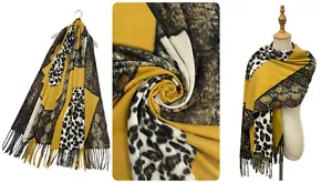 Damen Senf/gelb Reptil & Leopard Blockdruck Wollquaste Schal 7215 - Bild 1 von 4