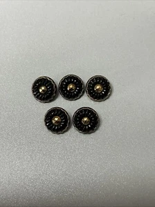 (5) Vintage Black Glass Shank Floral Mourning Buttons Gold Accents X10 - Picture 1 of 3