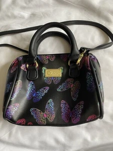 BETSEY JOHNSON Mini Barrel Crossbody Bag Butterflies Black/ Purple Neon - Picture 1 of 12