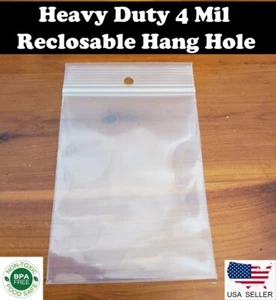 Clear 4mil Hanghole Plastic Zip Seal Bags Hang Hole Reclosable Top Lock Baggies - Picture 1 of 11