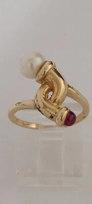 Anillo Oro Amarillo 14k Perla y Rubí Amistad Diseño Entrelazado Talla 6.25 Foto 1 de 4