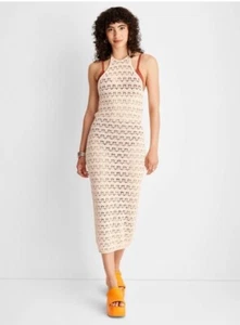 Women's Halter Tie Neck Open Knit Crochet Midi Sweater Dress - Future Sz Large - Picture 1 of 3