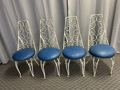 Vintage WROUGHT IRON CHAIR SET x 4 metal dining upholstered seat mcm ornate lot - Image 1 of 4