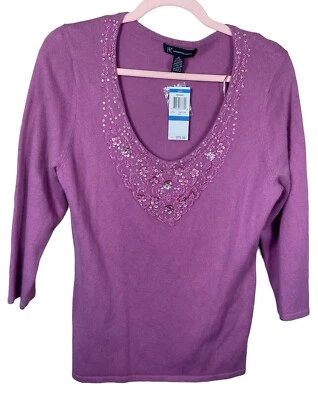 INC International Concepts Pink Sweater Beaded V Neck Silk Blend Womens SZ XL - Image 1 of 4