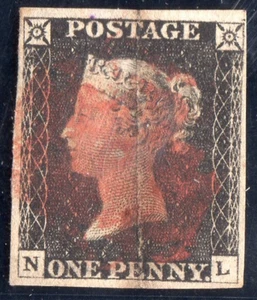 GB QV 1840 1d penny black 4 MARGINS ,RED MX LETTERED NL VERTICAL CREASE - Picture 1 of 2