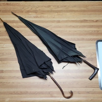 Two  Parasols Umbrellas open Wooden Handles  - Image 1 of 4