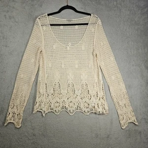 Ecote Cream Crochet Lace Cover Up Oversize Tunic Scalloped Hem Top Long Slv Sz S - Picture 1 of 14