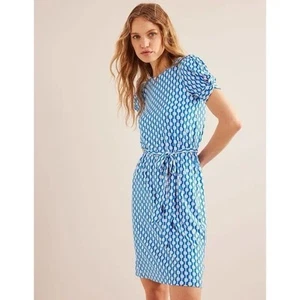 Boden Blue White Knot Detail Jersey Geometric Knee Length Tie Waist Dress Size 4 - Picture 1 of 16